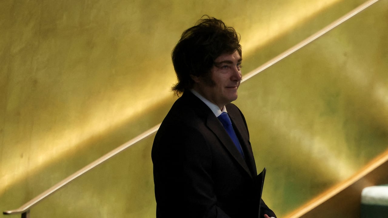 Argentina's President Javier Milei walks to the podium ahead of addressing the 80th United Nations General Assembly (UNGA) at the U.N. headquarters in New York, US, September 24, 2025.