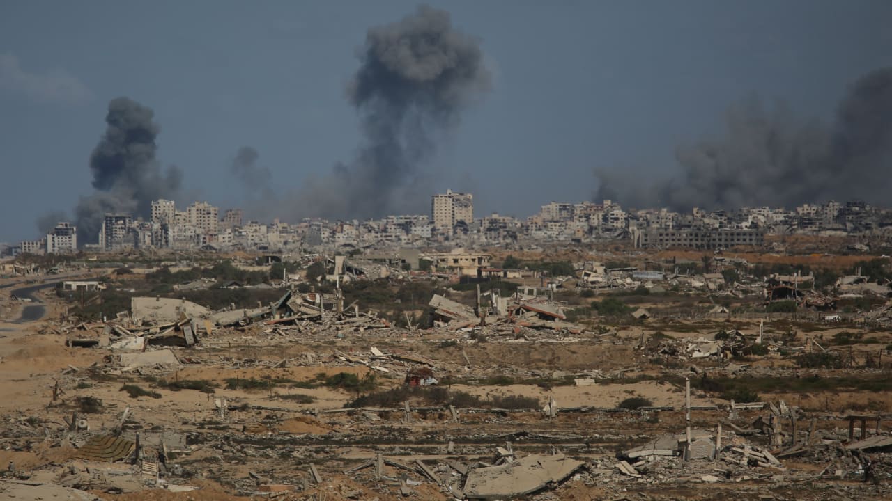 Smoke rises following an Israeli military strike in Gaza City, as seen from the central Gaza Strip, October 6, 2025.