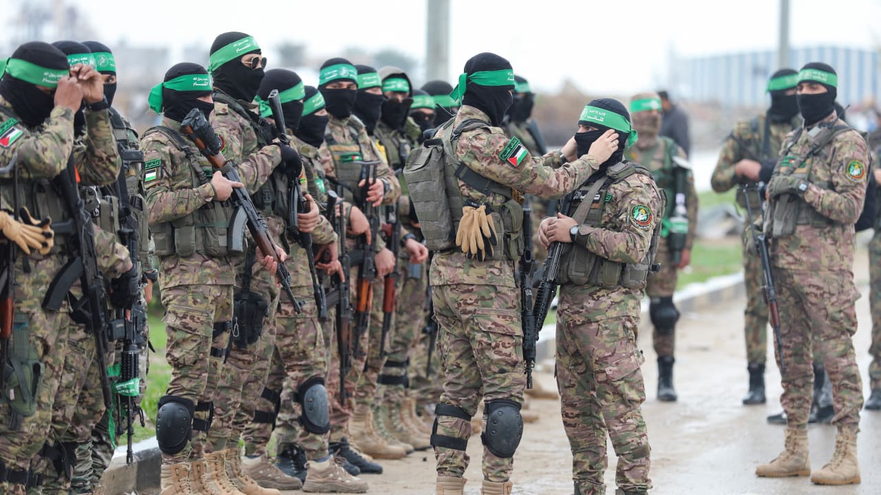 Palestinian Hamas terrorists seen in Rafah, in the southern Gaza Strip, February 22, 2025