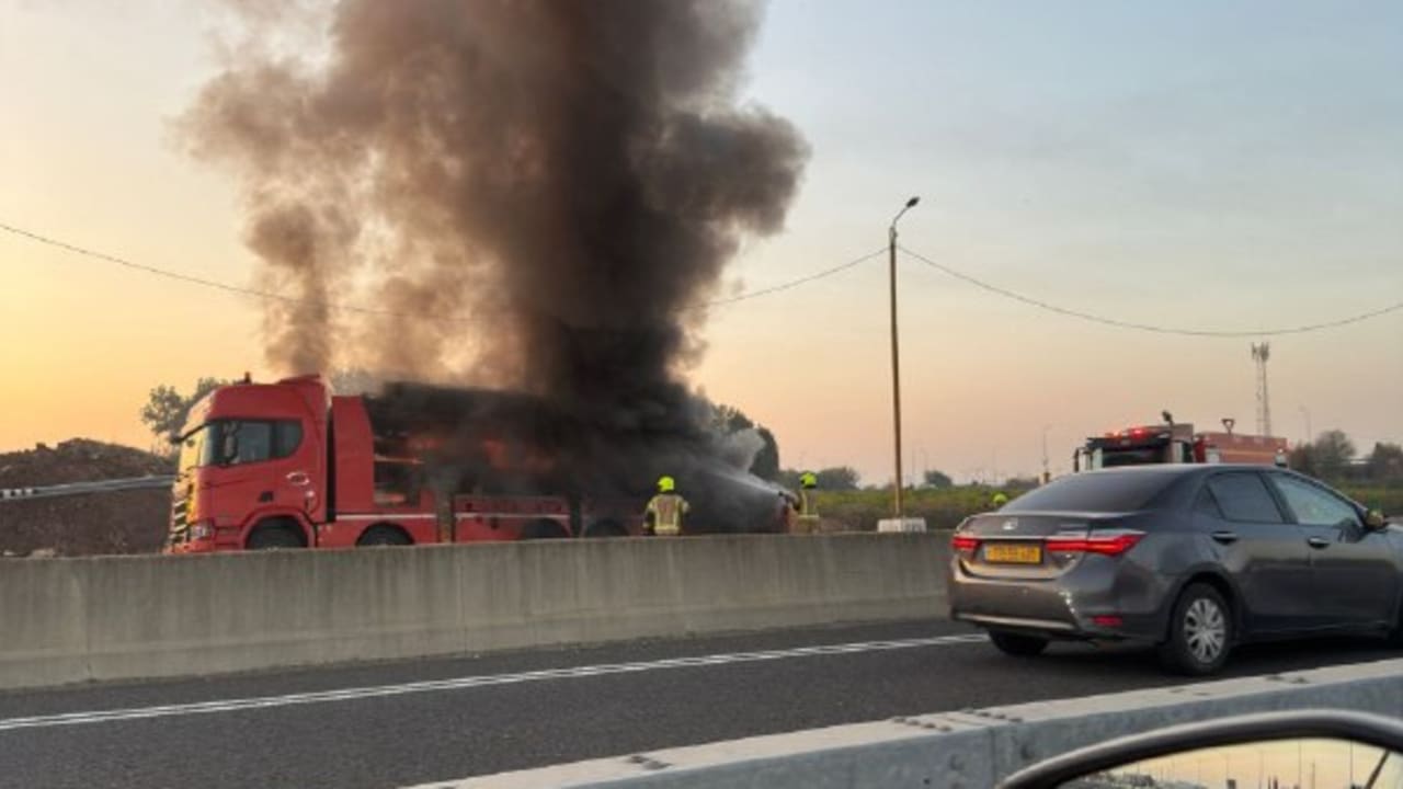 A truck on fire along Highway 1, near Ben-Gurion Airport, November 18, 2025.