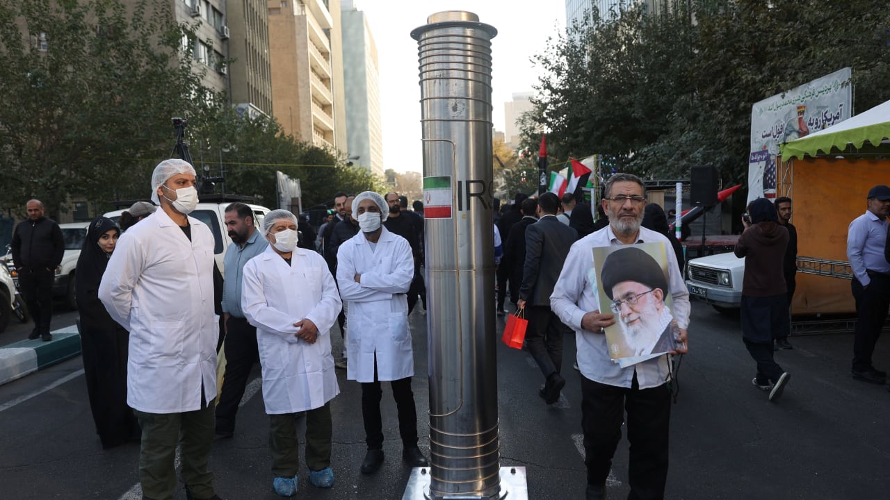  A model of a centrifuge is displayed during the 46th anniversary of the U.S. expulsion from Iran, in Tehran, November 4, 2025