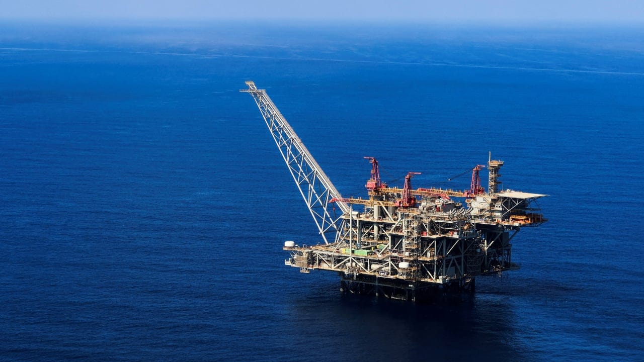 The gas platform for Leviathan, Israel's largest gas field is seen from a helicopter near Haifa bay, northern Israel, August 1, 2023