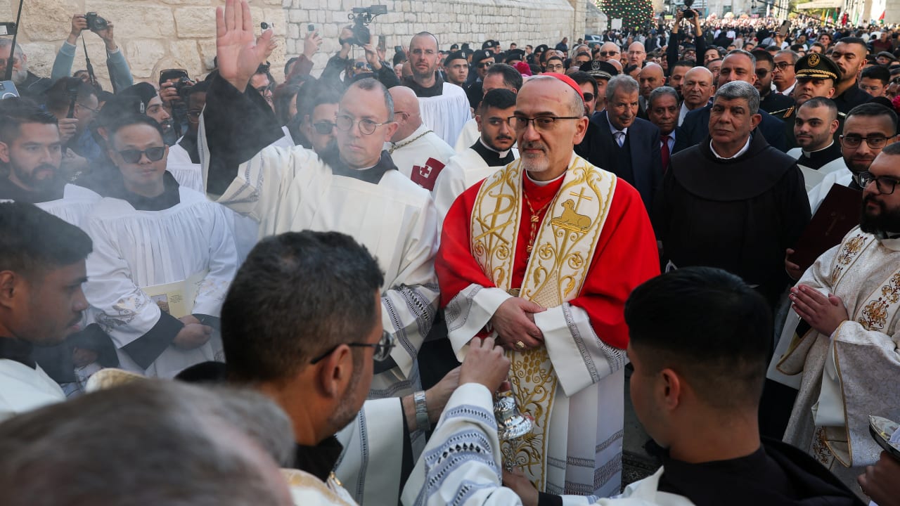 Latin Patriarch of Jerusalem, Cardinal Pierbattista Pizzaballa attends Christmas celebrations in Bethlehem on Christmas Eve, December 24, 2025.