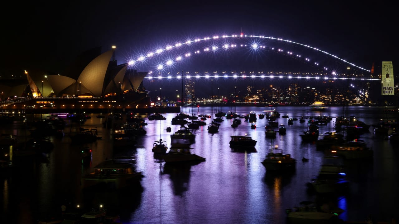 THE SYDNEY Harbour Bridge is illuminated white during the 'Moment of Unity', a one minute pause to reflect on the deadly mass shooting during a Jewish Hanukkah celebration at Bondi Beach on December 14, during New Year's Eve celebrations, in Sydney, Australia, December 31, 2025. 