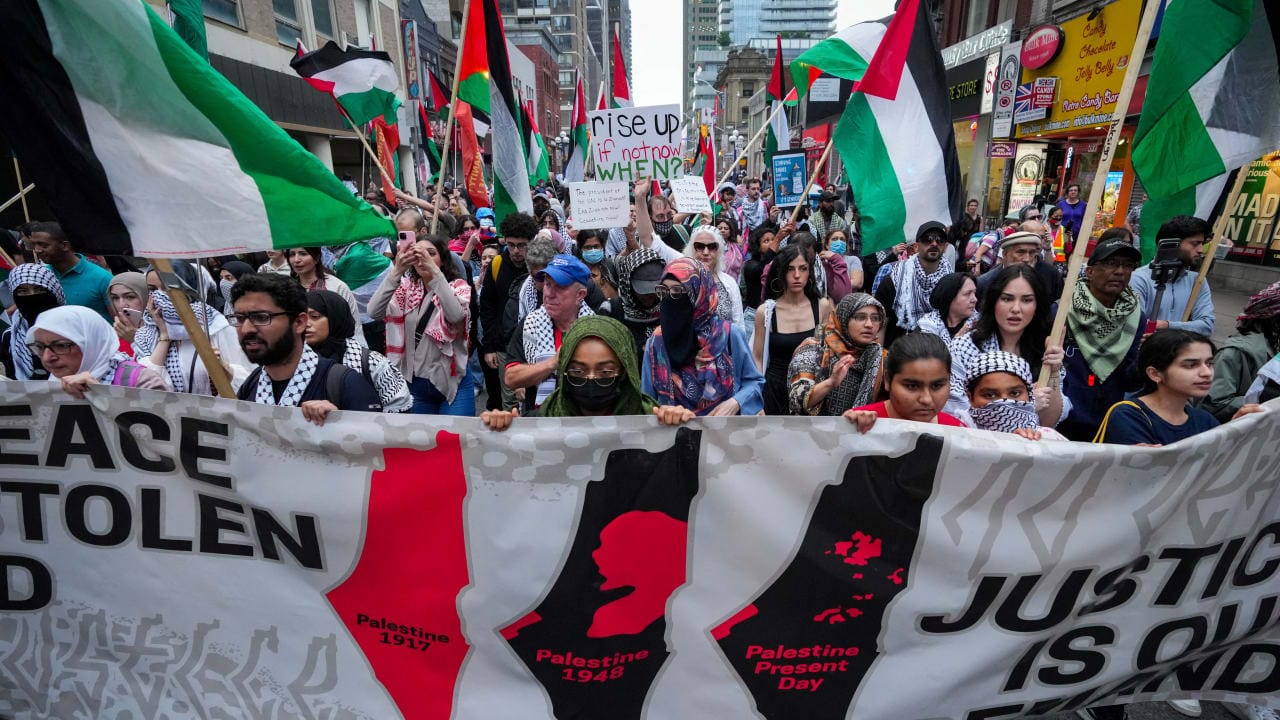 Protesters march in support of Palestine, in Toronto, Ontario, Canada June 5, 2025.