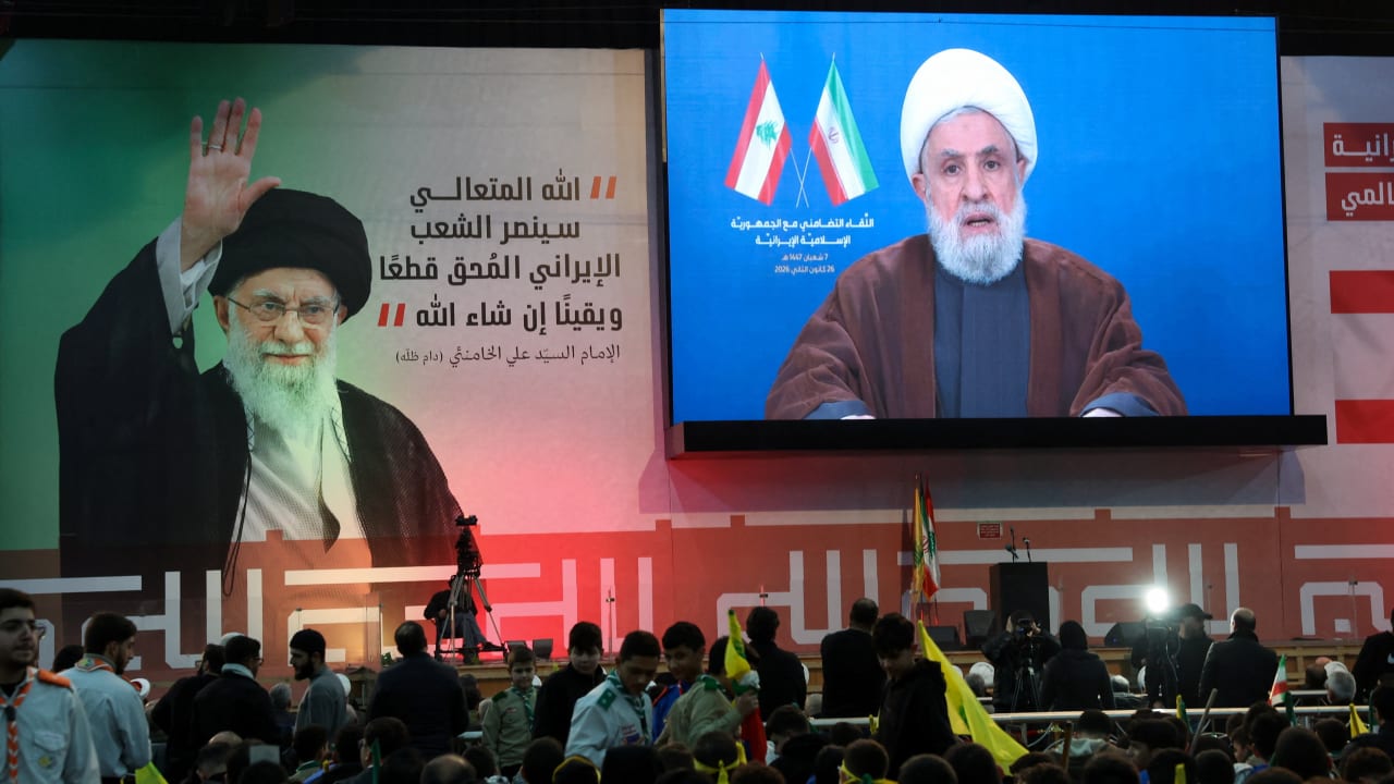 Hezbollah leader Naim Qassem gives a televised address during a rally in solidarity with Iran and Iran's Supreme Leader Ayatollah Ali Khamenei, at Beirut's southern suburbs, Lebanon January 26, 2026