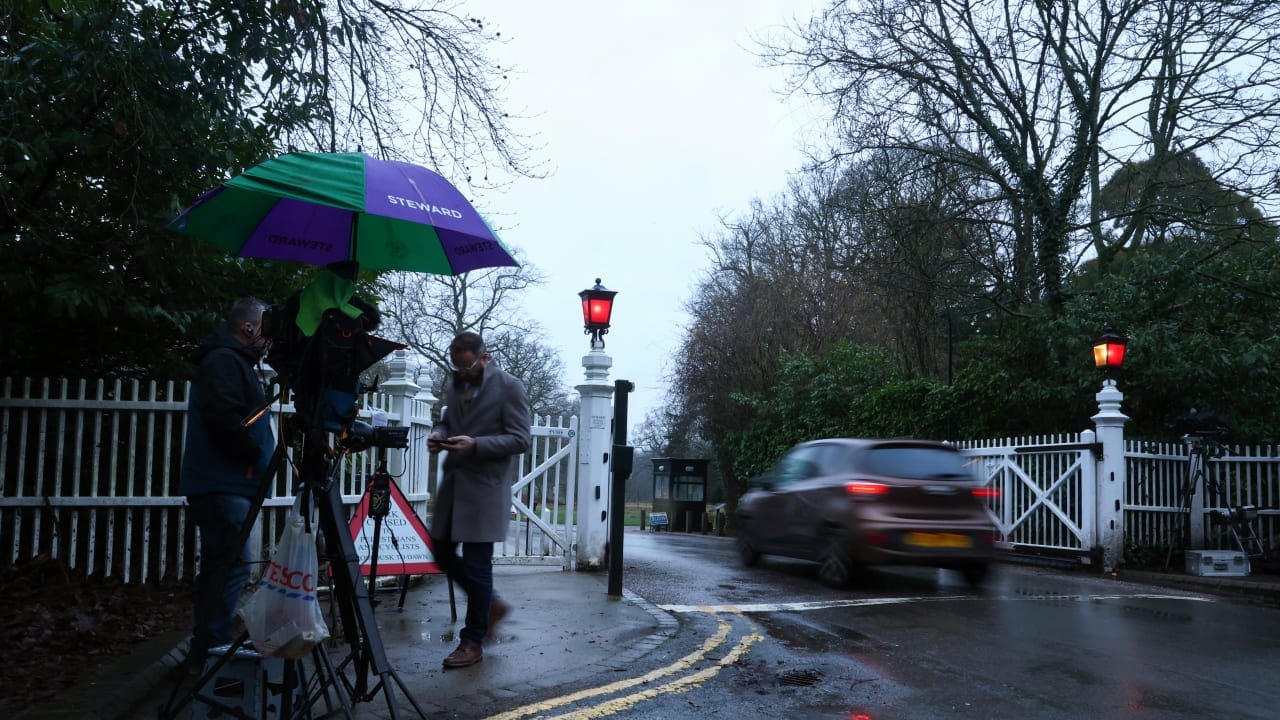   A broadcast media team work as a vehicle enters Windsor Great Park, near Royal Lodge, a property on the estate surrounding Windsor Castle, where Andrew Mountbatten-Windsor, the younger brother of Britain's King Charles, resides, in Windsor, Britain, February 2, 2026. 