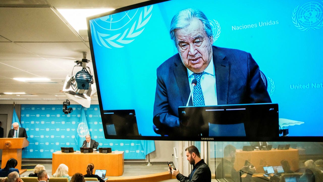 FILE PHOTO: United Nations Secretary-General Antonio Guterres is seen on a screen as he speaks during a press conference outlining his priorities for 2026 at U.N. headquarters in New York City, U.S., January 29, 2026