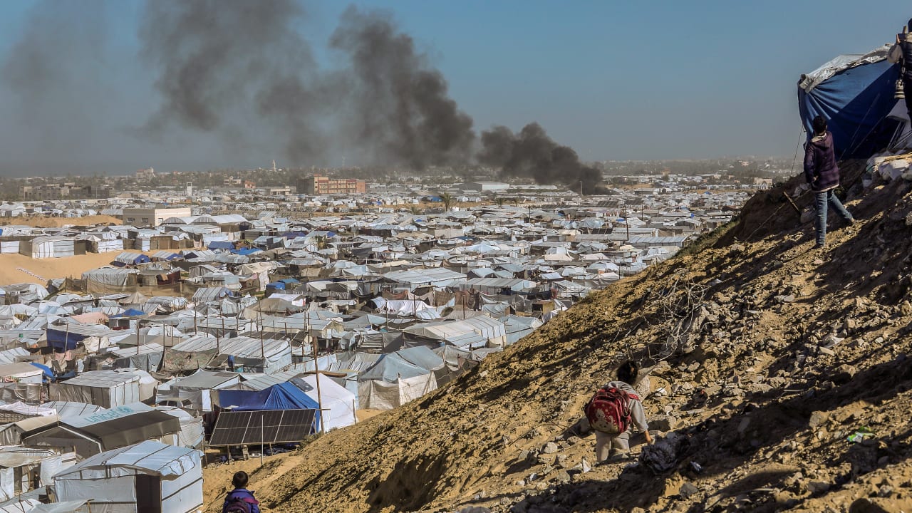 Smoke rises following an Israeli airstrike at the Ghaith Camp west of Khan Yunis, in the southern Gaza Strip, January 31, 2026