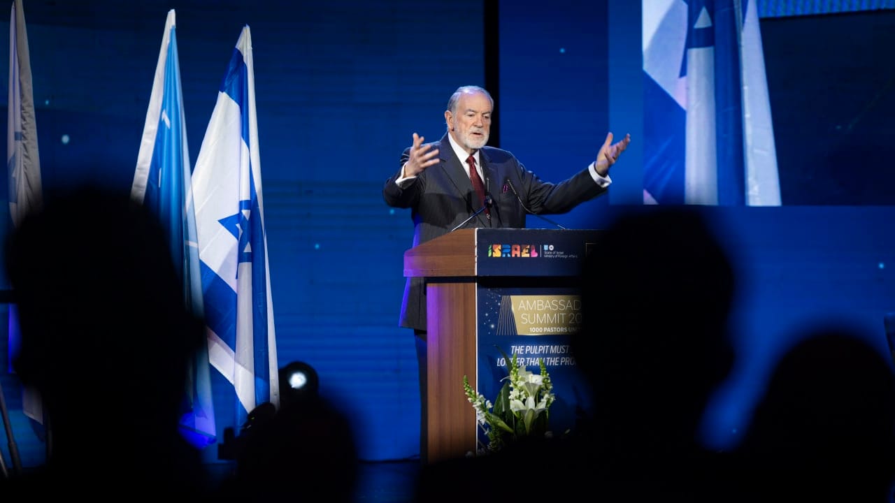 US Ambassador to Israel Mike Huckabee speaks during the FOZ Ambassadors Summit in Jerusalem, December 7, 2025.