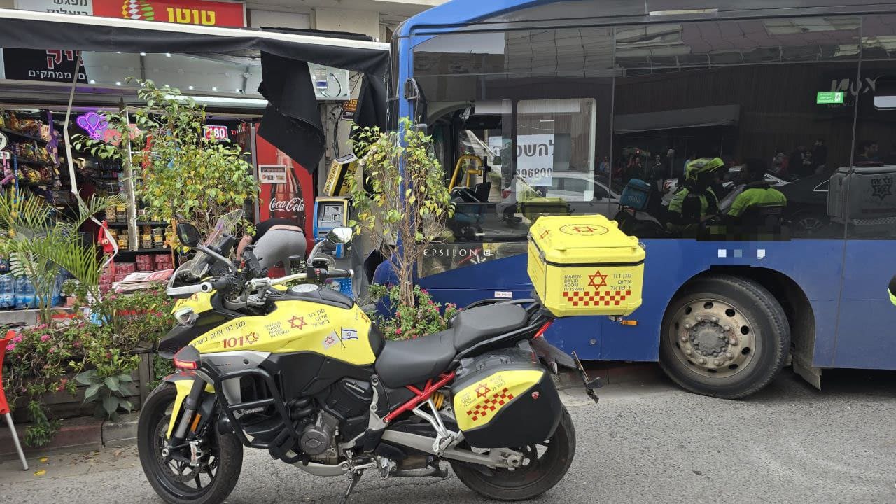 Magen David Adom paramedics respond to a bus crashing into a Ramat Gan store, February 6, 2026.