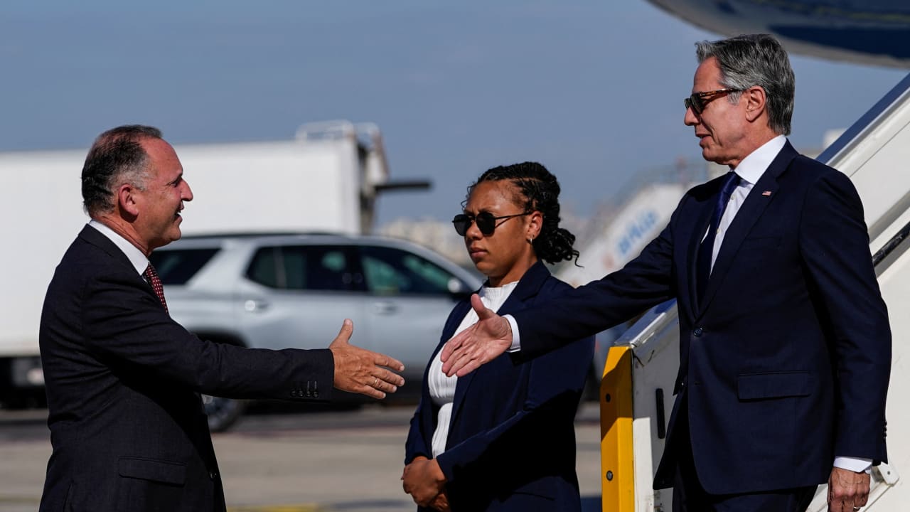 Gil Haskel welcomes U.S. Secretary of State Antony Blinken he arrives in Tel Aviv, Israel, October 22, 2024.