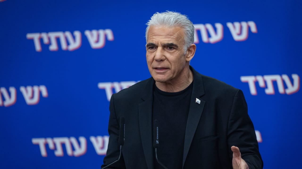 Opposition leader MK Yair Lapid leads a faction meeting at the Knesset, the Israeli parliament in Jerusalem, February 9, 2026