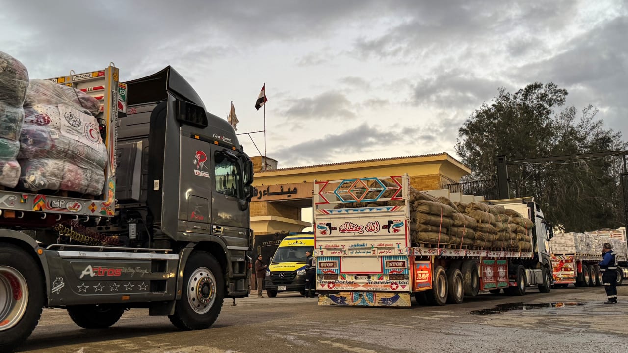 Humanitarian aid trucks enter through the Egyptian side of the Rafah border crossing with the Gaza Strip on February 4, 2026.