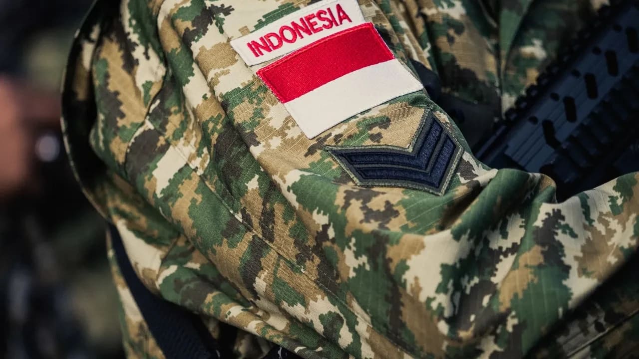 Un parche con Indonesia y una bandera indonesia en el brazo de un soldado indonesio durante los preparativos del desfile militar anual del Día de la Bastilla en la avenida de los Campos Elíseos en París, Francia, el 14 de julio de 2025. 
