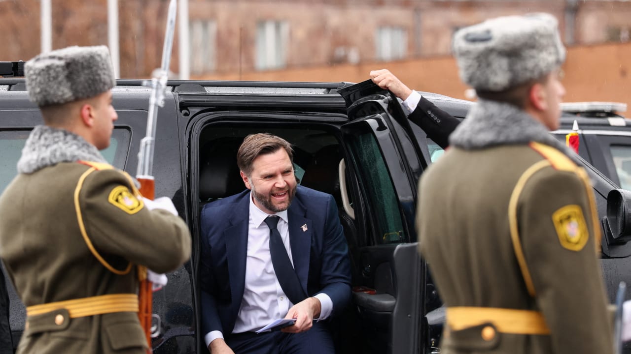 US Vice President JD Vance gets out of a car before boarding Air Force Two upon departure for Azerbaijan, at Zvartnots International Airport in Yerevan, Armenia, February 10, 2026.