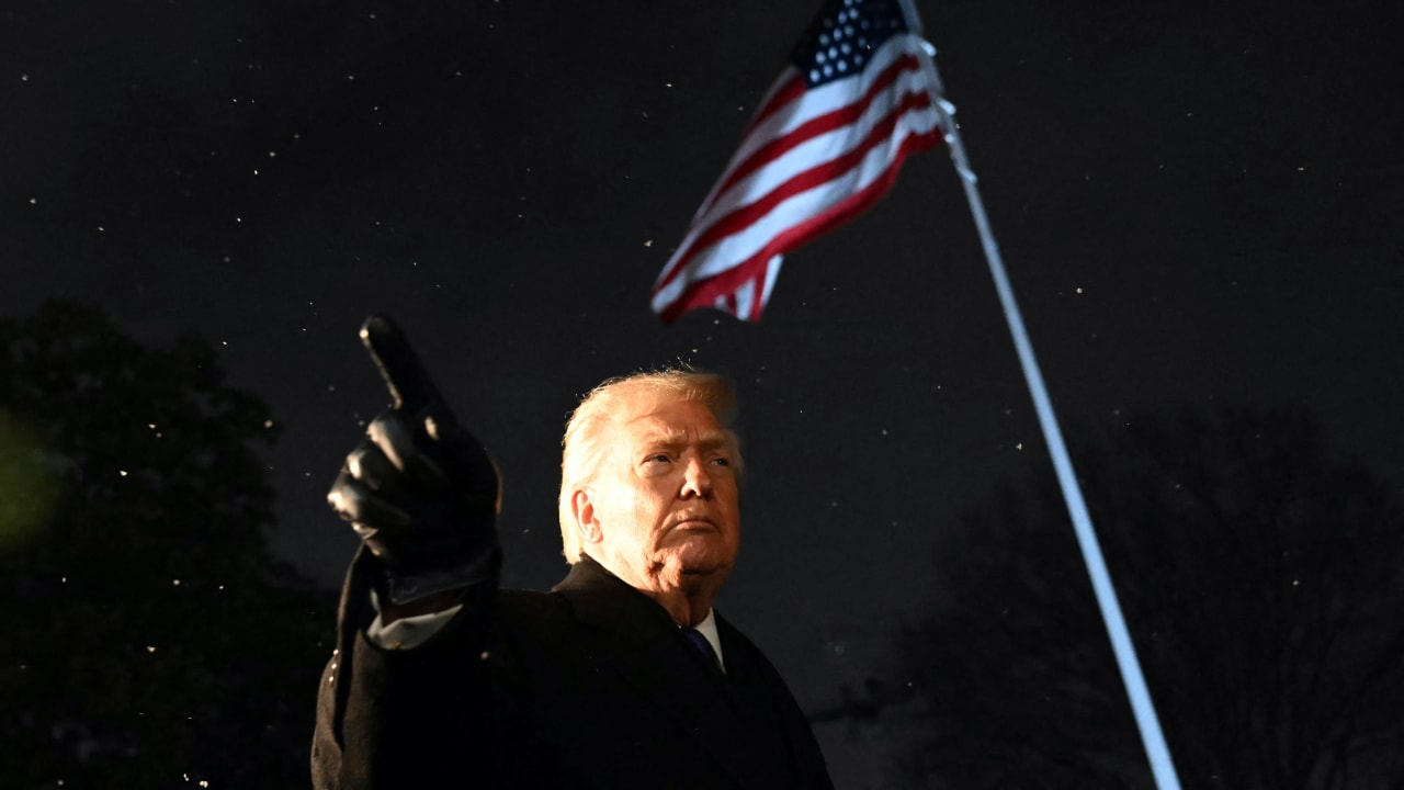 US President Donald Trump speaks with reporters before departing from the White House in Washington, DC, on February 6, 2026. (photo credit: Andrew Caballero-Reynolds/AFP via Getty Images)