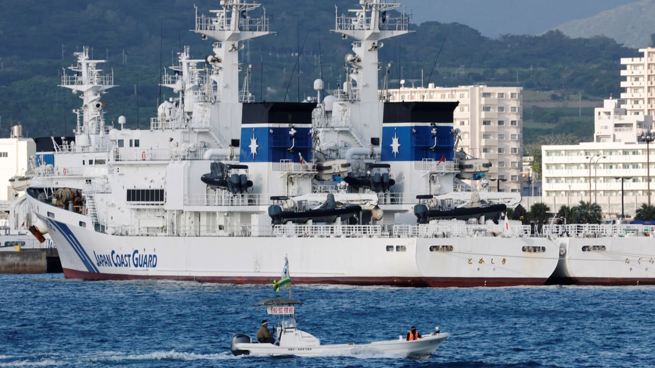 Japan Coast Guard ships are docked at a port in Ishigaki, Okinawa Prefecture, Japan, January 13, 2026.