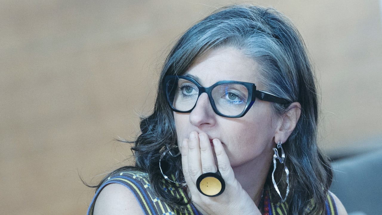 FRANCESCA ALBANESE, United Nations special rapporteur on the situation of human rights in the occupied Palestinian territory, is seen at a conference in Rome, last year. Her suggestion that Palestine represents a moral compass reflects her own broken one, the writer says.