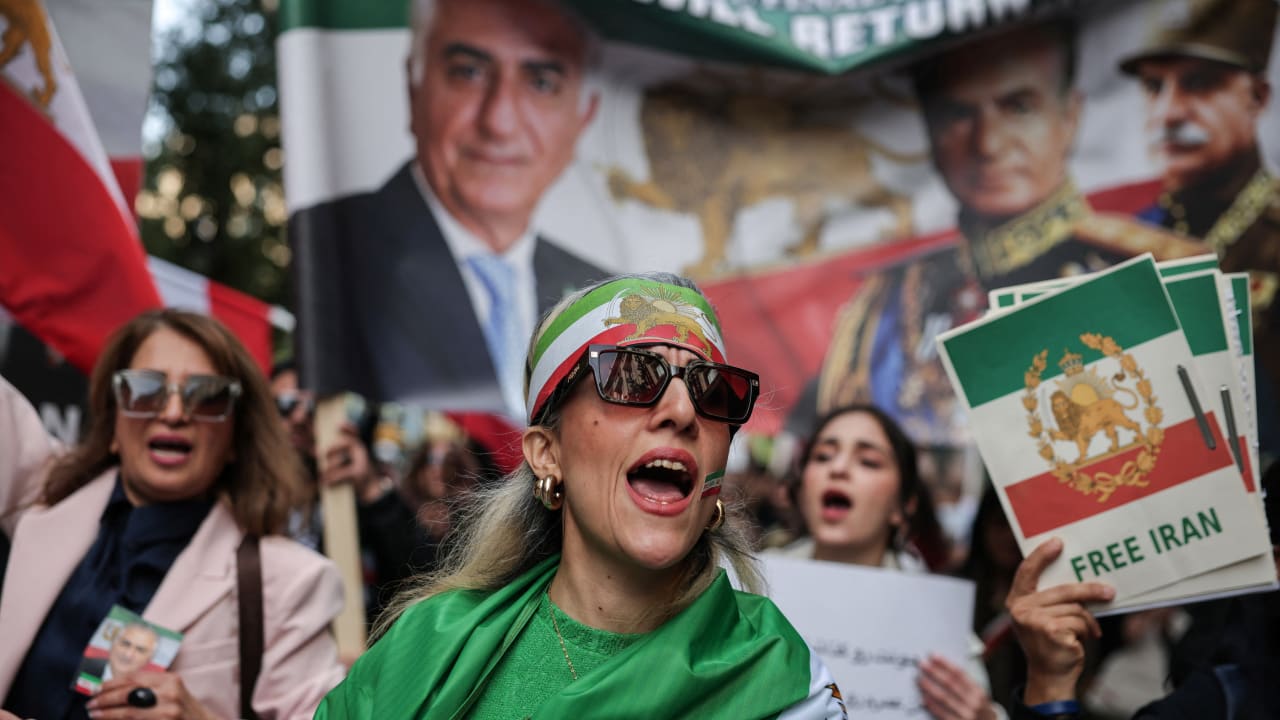 Iranians living in Greece chant slogans during a rally, marking the Global Day of Action for Iran, to support Iran's Lion and Sun Revolution, in Athens, Greece, February 14, 2026