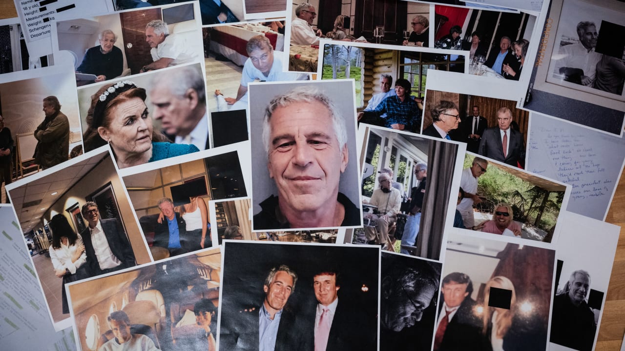 This photograph taken in Le-Perreux-sur-Marne, outside Paris on February 9, 2026 shows undated pictures provided by the US Department of Justice on January 30, 2026 as part of the Jeffrey Epstein files.