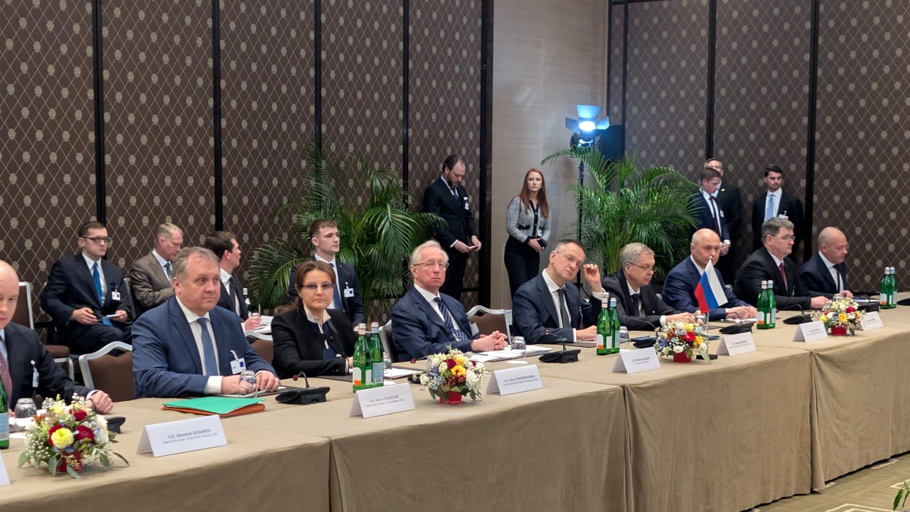 A Russian delegation waits for the start of a meeting on the first day of the third round of trilateral talks between delegates from Ukraine, Russia and the US, amid Russia's attack on Ukraine, in Geneva, Switzerland, February 17, 2026. 