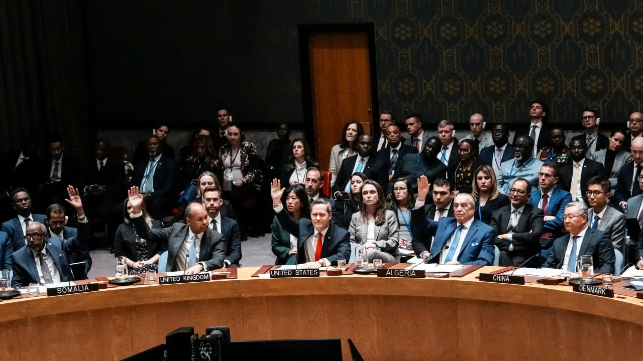 US Ambassador to United Nations Michael Waltz and other ambassadors vote in favor for a resolution during a meeting of the United Nations Security Council to consider a U.S. proposal for a U.N. mandate to establish an international stabilization force in Gaza, November 17, 2025