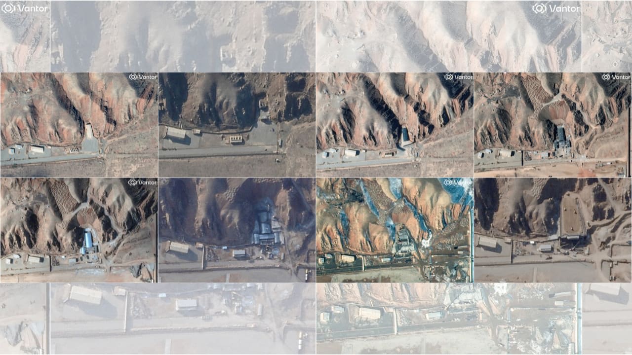 Una combinación de imágenes satelitales muestra el complejo militar de Parchin desde antes de los ataques israelíes hasta febrero de 2026.