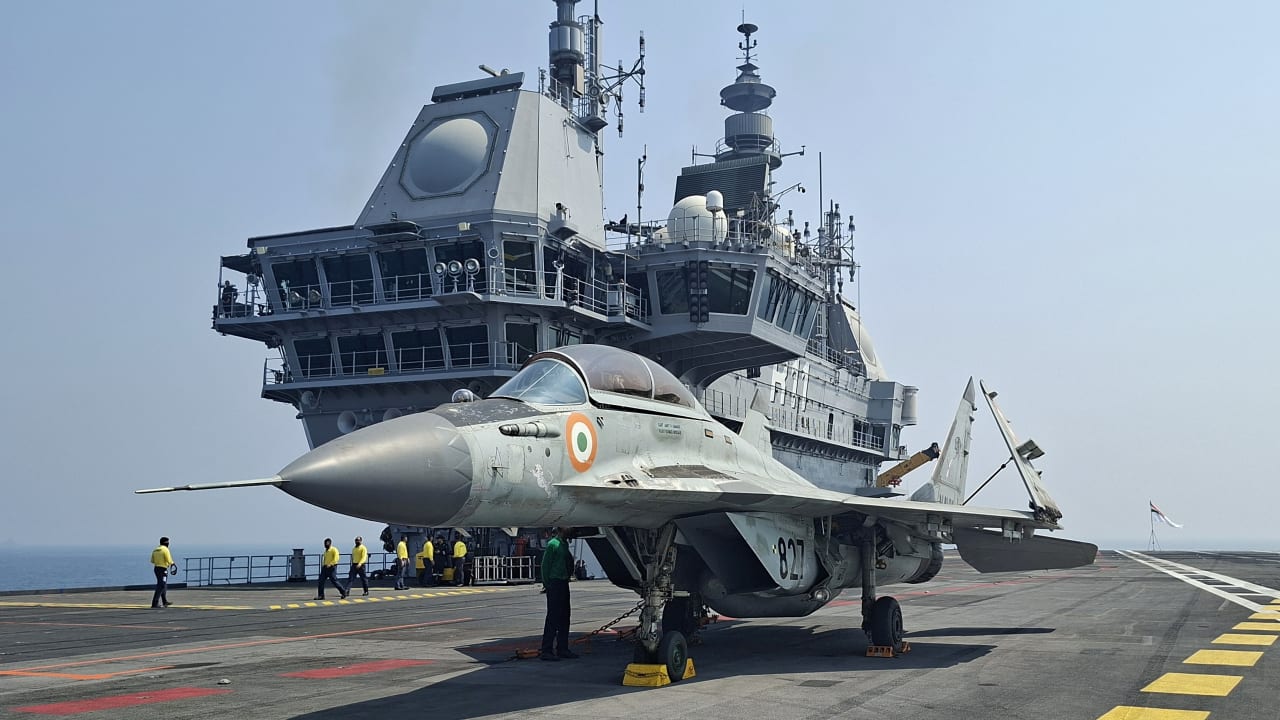 A MiG-29K fighter jet sits on the flight deck of India’s aircraft carrier INS Vikrant during the International Fleet Review (IFR) 2026 off the coast of Visakhapatnam, India.