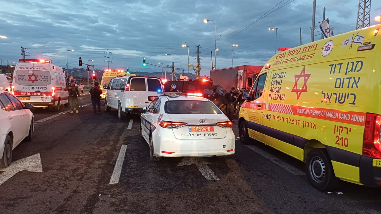 Israel Police and Magen David Adom respond to a road incident in which one police officer was injured near Tapuah junction in the West Bank on February 23, 2026.