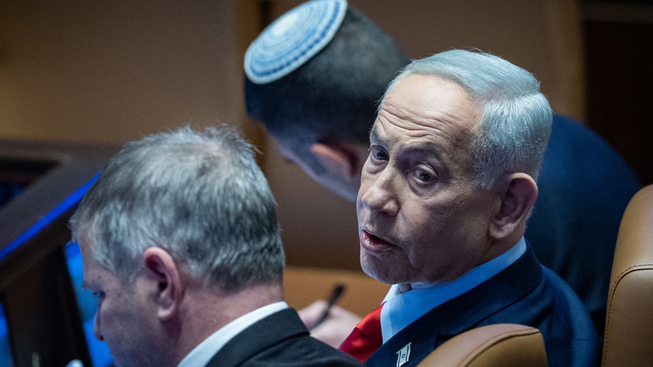 Prime Minister Benjamin Netanyahu attends a 40-signatures debate at the Knesset, in Jerusalem, February 23, 2026