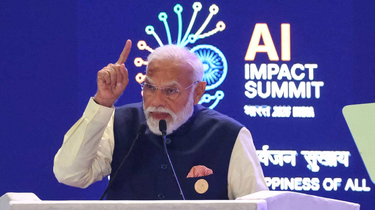 India's Prime Minister Narendra Modi delivers a speech at the AI Impact Summit in New Delhi on February 19, 2026.
