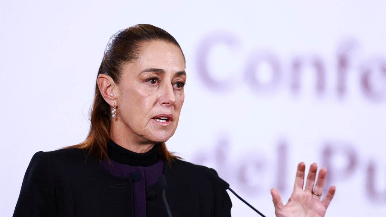 Mexico's President Claudia Sheinbaum speaks during a press conference about the wave of violence in Mexico, following the killing of Mexican drug lord Nemesio Oseguera, known as 'El Mencho', in a military operation on Sunday, at Palacio Nacional, in Mexico City, Mexico, February 23, 2026.