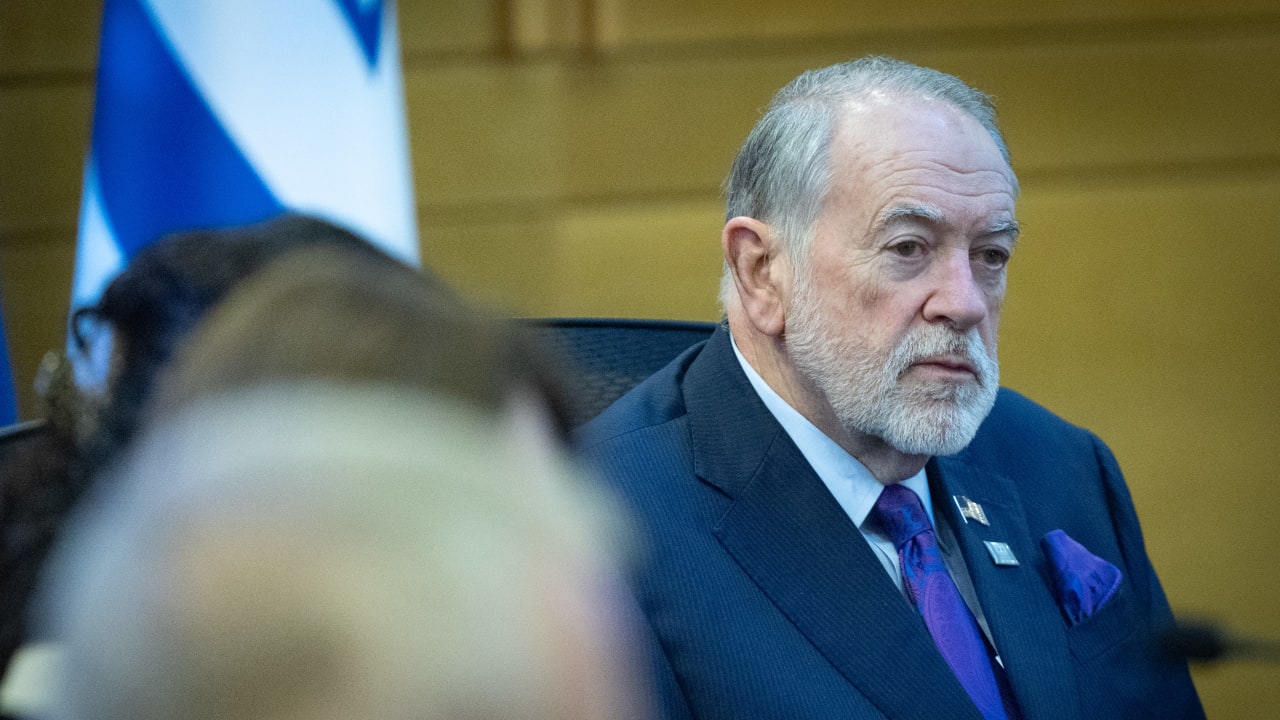 US Ambassador to Israel Mike Huckabee attends the lobby for Israel–United States relations at the Knesset, Israel's Parliament in Jerusalem, February 25, 2026.