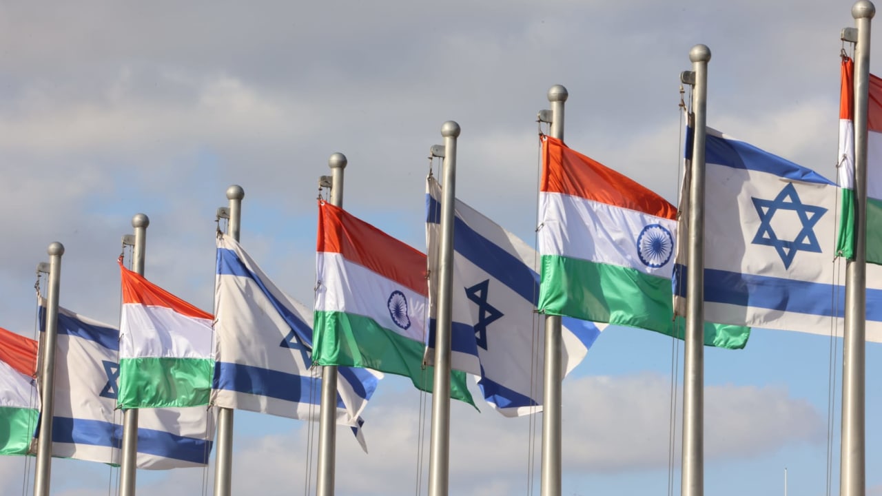 The flags of Israel and India flutter as Narendra Modi makes a state visit to Israel, outside of the Knesset, in Jerusalem, February 25, 2026