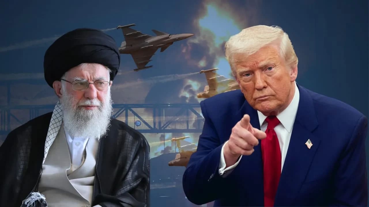 De izquierda a derecha: el ayatolá Alí Jamenei, de Irán, y el presidente Donald Trump, de Estados Unidos, con sus respectivas banderas y ataques con misiles como telón de fondo.