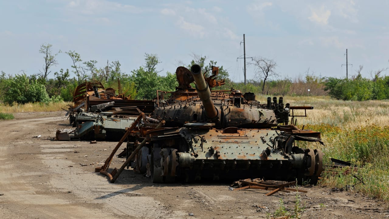 A view shows destroyed tanks near the village of Heorhiivka (Georgiyevka), in the course of Russia-Ukraine conflict in the Donetsk region, a Russian-controlled area of Ukraine, July 16, 2025.