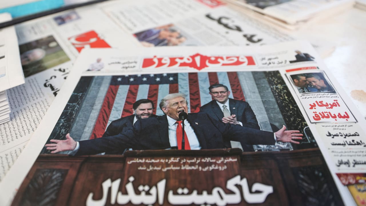 An Iranian newspaper with a cover photo of US President Donald Trump delivering the State of the Union address, in Tehran, Iran, February 26, 2026