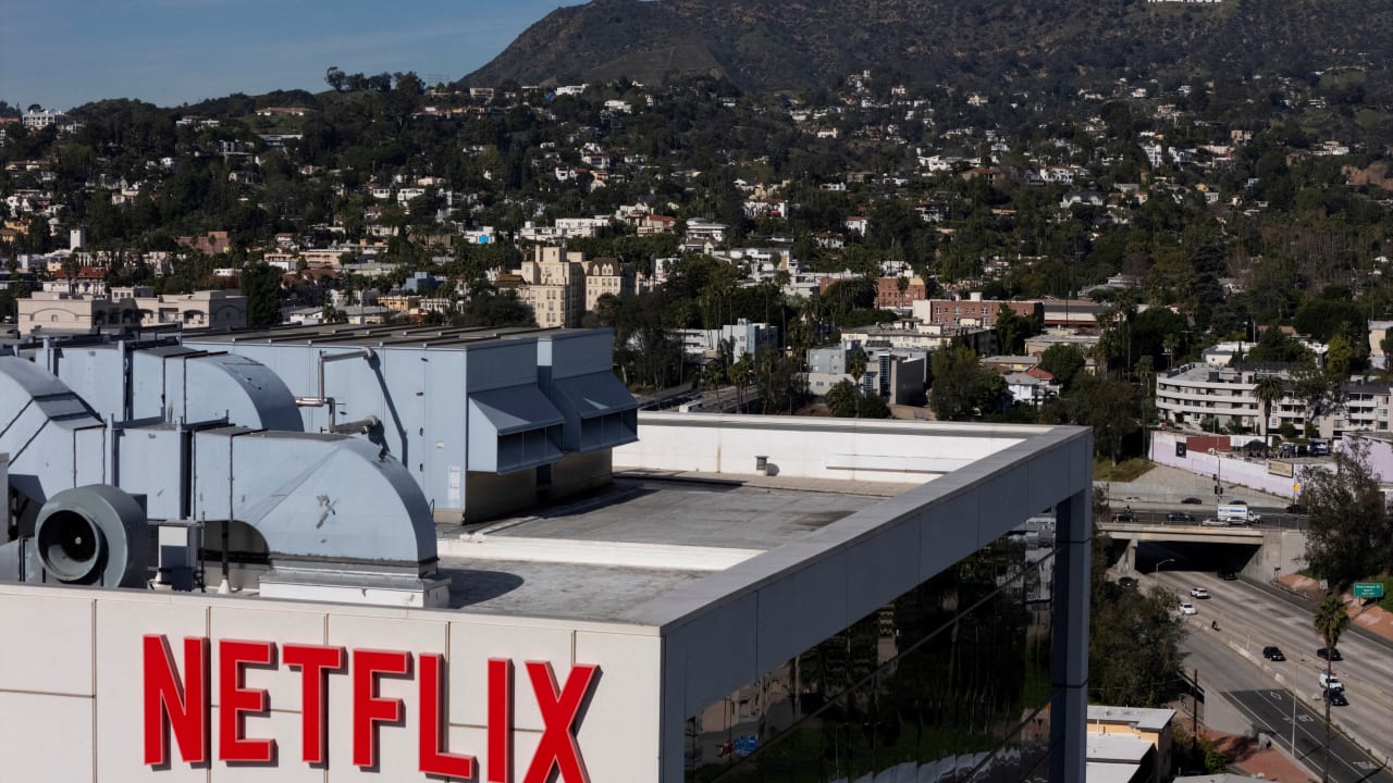 A drone view shows the Netflix logo on one of the company's buildings in the Hollywood neighborhood in Los Angeles, California, US, January 20, 2026.
