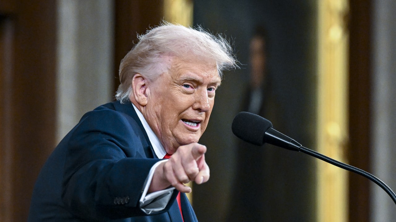 US President Donald Trump delivers the State of the Union address during a joint session of Congress in the House Chamber at the Capitol on February 24, 2026 in Washington, DC.