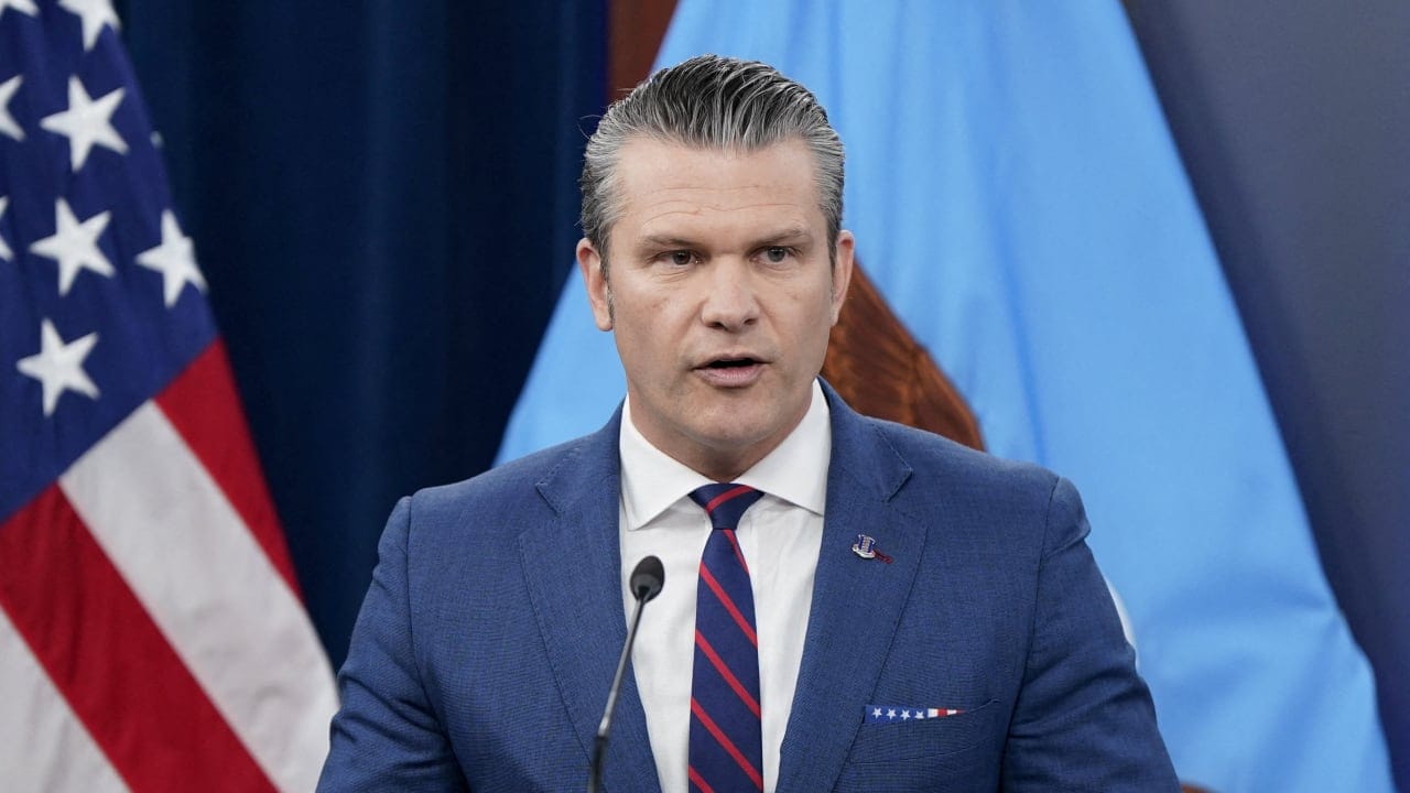 US Secretary of Defense Pete Hegseth holds a briefing amid the US-Israeli conflict with Iran, at the Pentagon in Washington, March 2, 2026.