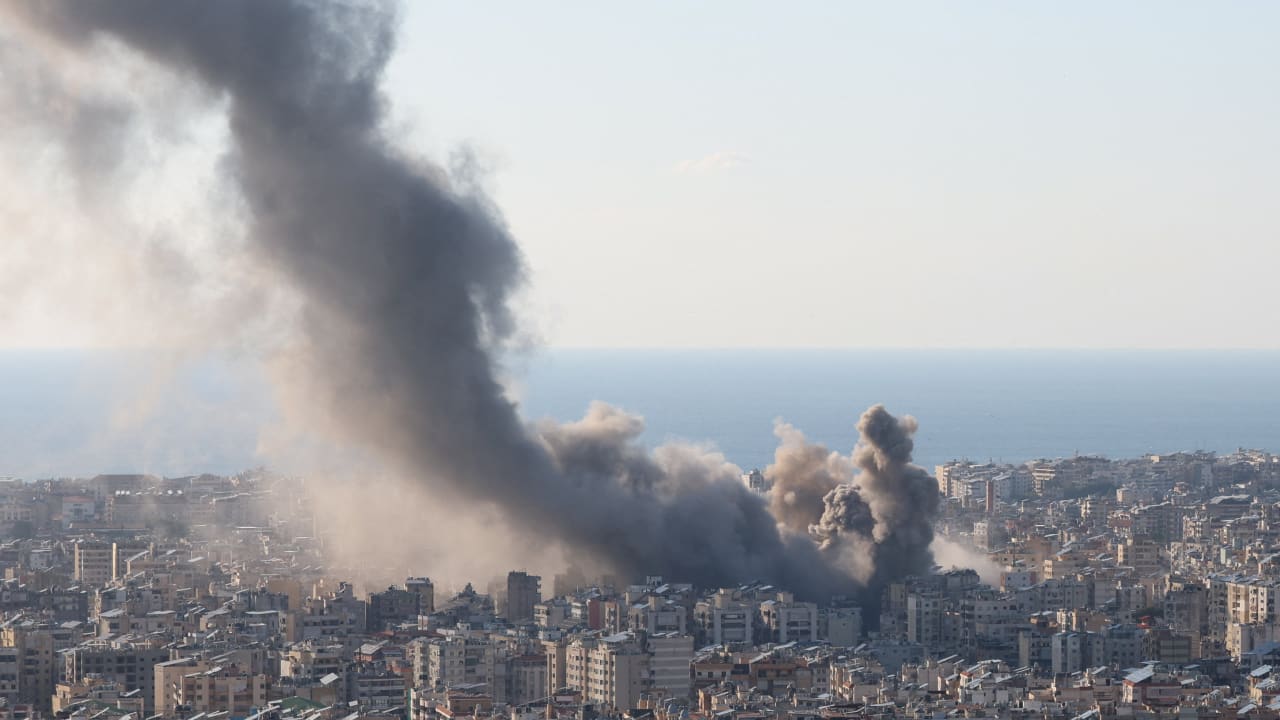 Smoke and dust rise after an Israeli strike on Beirut's southern suburbs, following an escalation between Hezbollah and Israel, Lebanon, March 2, 2026
