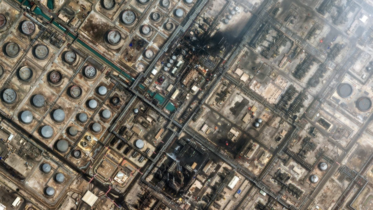 A satellite image shows efforts to control a fire as smoke rises in the Ras Tanura oil refinery in Saudi Arabia after a drone attack, amid the US-Israel conflict with Iran, in Ras Tanura, Saudi Arabia March 2, 2026. 