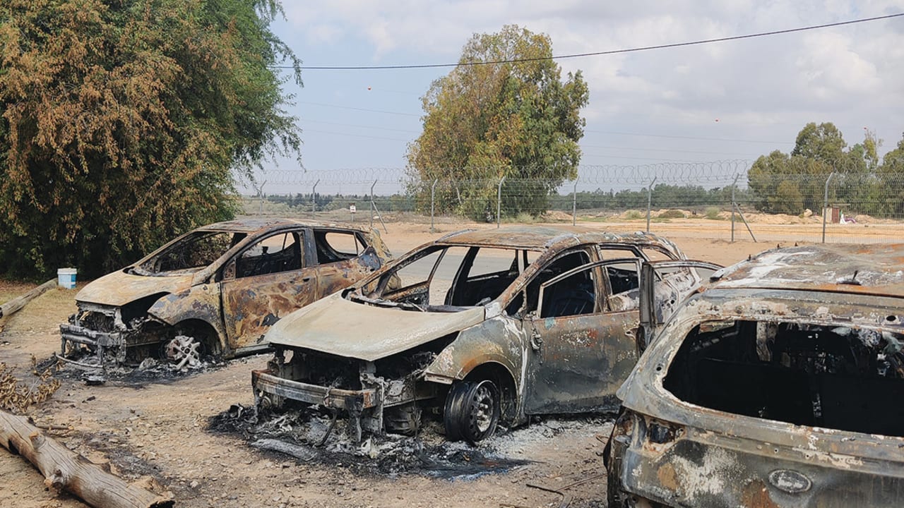 Cars belonging to Kibbutz Nir Yitzhak members were also mutilated on Oct. 7,  2023.