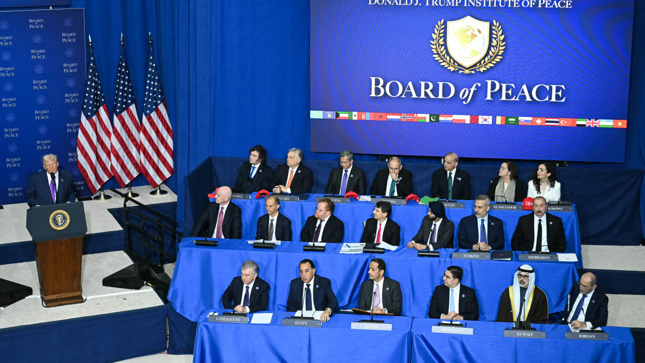 Officials listen to presentations on the work of the Gaza Executive Board during the inaugural meeting of the Board of Peace at the Donald J. Trump Institute of Peace on February 19, 2026 in Washington, DC. 