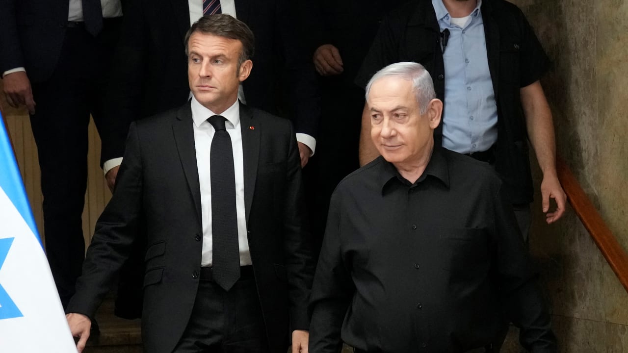 Israeli Prime Minister Benjamin Netanyahu and French President Emmanuel Macron hold a joint press conference, amid the Israeli-Hamas conflict, in Jerusalem, October 24, 2023.