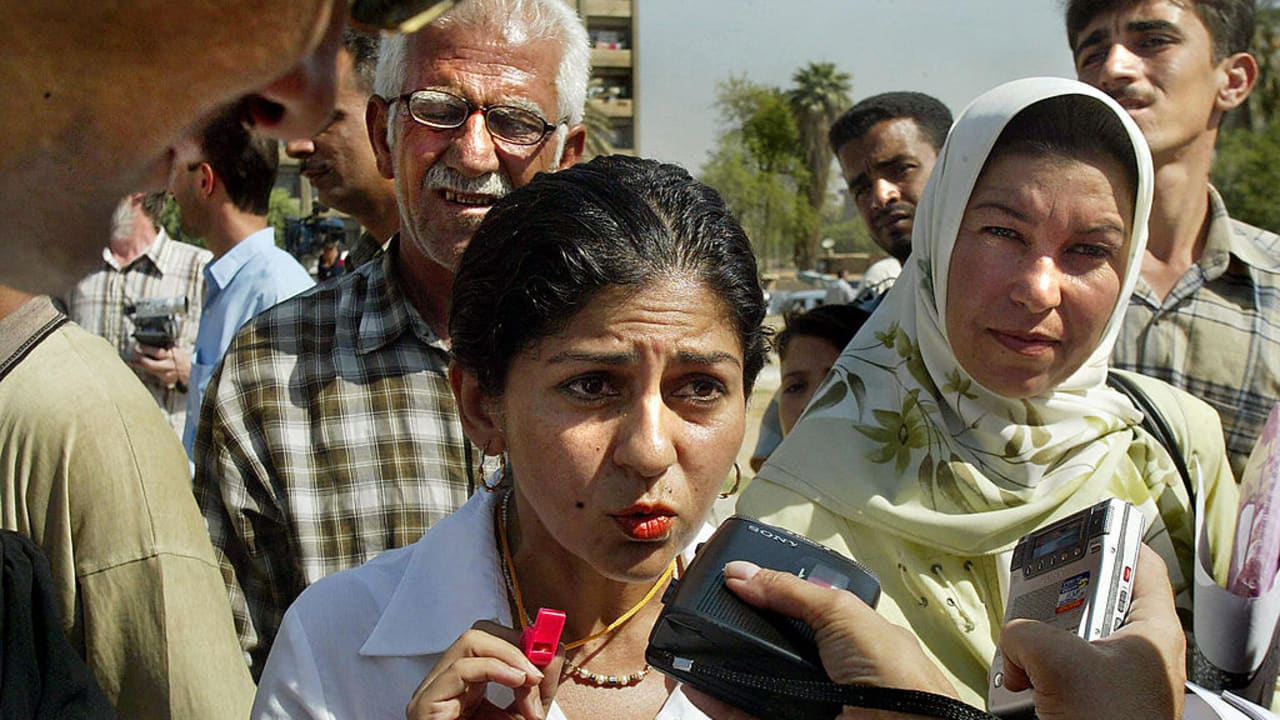 HEAD OF the Organization of Women's Freedom in Iraq, Yanar Mohammed talks to press 24 August 2003 in Baghdad where she said that over 400 women in Iraq had been kidnapped, raped and sometimes sold since the Anglo-US occupation.