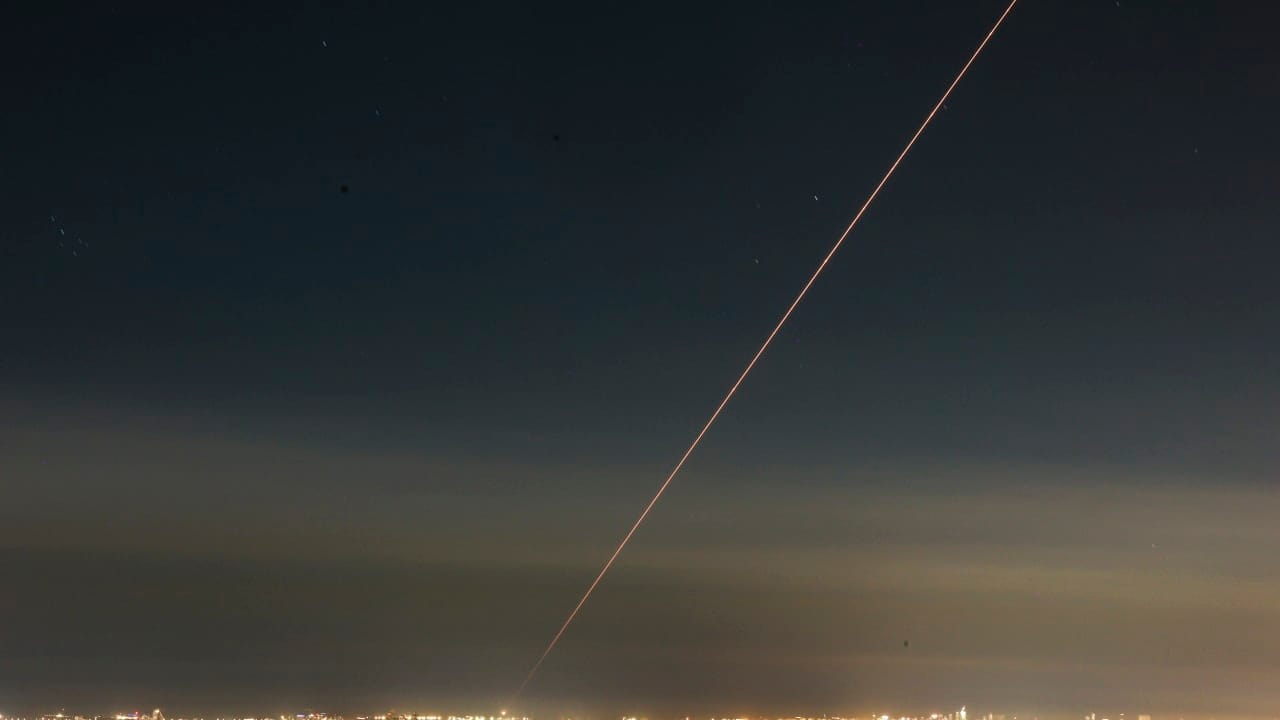 Anti-missile system fires interception missiles as missiles fired from Iran as it seen over central Israel, March 5, 2026.
