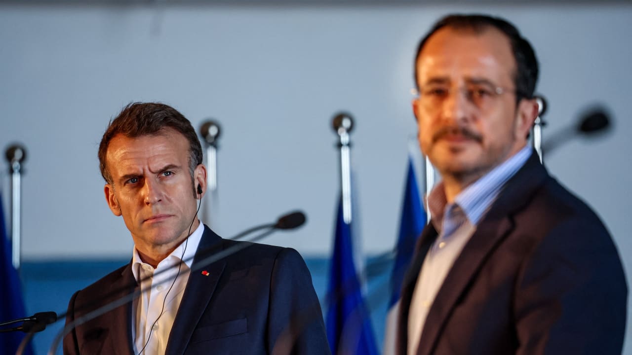 FRENCH PRESIDENT Emmanuel Macron and Cypriot President Nikos Christodoulides take part in a joint press conference with Greek Prime Minister Kyriakos Mitsotakis (not pictured) at Paphos military airport, March 9, 2026. 