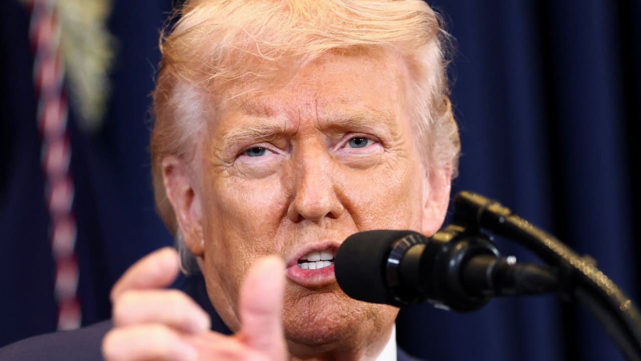 US President Donald Trump speaks during a press conference at Trump National Doral Miami in Miami, Florida, U.S., March 9, 2026.